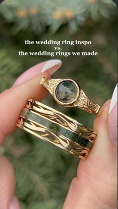 a woman holding two rings in her hand with the words, the wedding ring inspo and the wedding rings we made