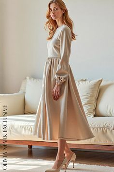 Olivia Mark - Elegant Pastel Midi Dress with Long Sleeves - A Touch of Subtle Sophistication Ethereal Fabric, Pastel Midi Dress, Dress Elegant Long, Quiet Beauty, Floor Length Skirt, Dress With Long Sleeves, Pastel Hues, Long Sleeve Midi, Olivia Mark