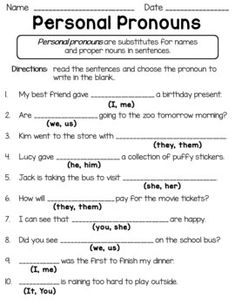 the worksheet for personal pronouns is shown in black and white