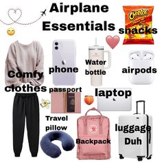 there are many different items that can be found in this travel info sheet with the words airplane essentials snacks comfy phone bottle laptop backpack