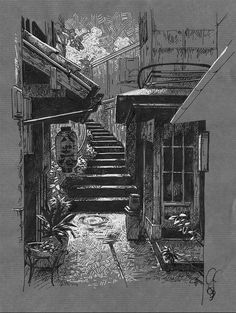 an ink drawing of steps leading up to a building