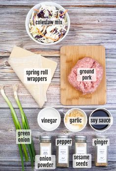 ingredients to make coleslaw mix laid out on a wooden table with text describing the ingredients