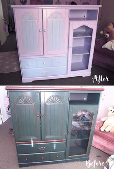 before and after pictures of an old china cabinet