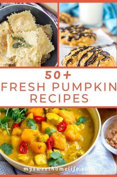 the cover of 50 fresh pumpkin recipes with pictures of different types of food in it