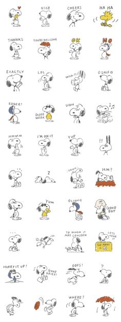 an image of cartoon characters with different expressions and words on the same sheet of paper