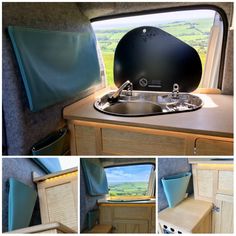 the inside of a camper with an open sink and window to view countrysides