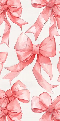 watercolor drawing of pink bows and ribbons on a white background, for wallpaper or fabric