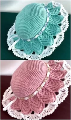 crocheted hats are shown in three different colors and sizes, including one with a brimmed hat on top