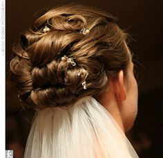 the back of a woman's head wearing a veil and hair comb with pearls on it