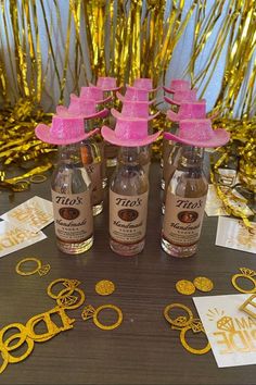 21st birthday decorations Western Theme 21st Birthday, Cowboy Hat Bottle Toppers, Cowgirl Theme Bday Party, Hat Theme Party, Cowboy Hat Themed Party, Cowboy Hat Shooters, Mini Cowgirl Hat, Simple Bday Theme Ideas, Cowboy Theme Bridal Shower Cowgirl Party