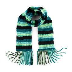 a green and black striped scarf with fringes