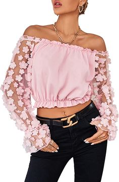 LYANER Women's Off Shoulder Floral Mesh Long Sleeve Ruffle Trim Crop Blouse Top Pink Medium at Amazon Women’s Clothing store Mesh Sleeves, Festival Looks, Mesh Long Sleeve, Crop Blouse, Lace Sleeves, Perfect Shirt, Fast Fashion, Concert Outfit, Ruffle Trim