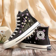 Embroidered Shoes High Tops, Daisy, Lavender Flowers Embroidered Converse, Converse Embroidery Butterfly, Floral, Anniversary Gifts for Her Embroidered Converse Aesthetic, Diy Custom Converse Ideas, Embroided Shoes, Painting Ideas On Shoes, Converse Flowers, Butterfly Converse, Diy Converse Shoes, Shoes Embroidery, Embroidery On Shoes