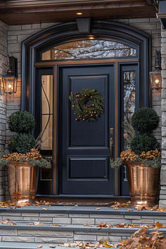 45 Elegant Fall Porch Decor Ideas for the Season Traditional Home Front Door, Elegant Outdoor Fall Decor, Front Door Decor Christmas Holidays, Elegant Fall Porch Decor, Front Entry Way Christmas Decor, November Front Porch Decor, Christmas Double Door Decorations, Tuscan Front Porch Ideas, Front Door And Porch Ideas