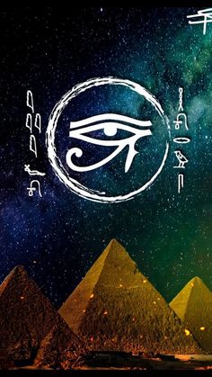 the eye of horus in front of three pyramids with egyptian writing on them