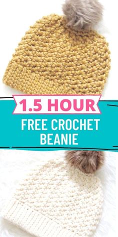 two crochet beanies with text that reads, 1 hour free crochet beanie