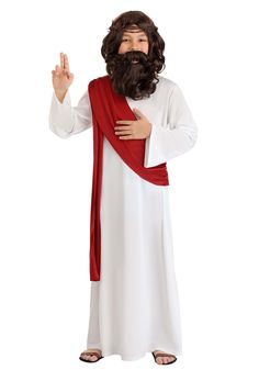 a man in a jesus costume is making the peace sign with his hand and wearing a red scarf around his neck