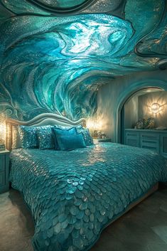 a large bed sitting under a blue sky filled with stars and bubbles on top of it