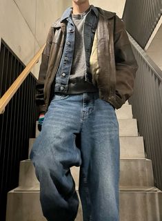 Guy Outfit Ideas Aesthetic, Guy Jacket Outfit, Sweater And Leather Jacket Outfit, Fall Outfit Men Aesthetic, Mens Fit Ideas, Mens Outfit Inspo Fall, Downtown Men Outfits, Faded Jeans Outfit Men, Zip Sweater Men Outfit