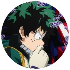 an anime character with black hair and green eyes is looking at something in front of him