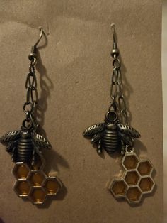 In honor of our "Honey Man" Grandfather, who recently passed on, these bee-themed earrings celebrate his memory. Bottles contain his real, raw honey. Honey Earrings, Honey Jar Pin, Honey Bee Necklace, Gold Bee Earrings, Bee Charm Jewelry, Honey Bee Earrings, Hood River, Earrings Antique, Bee Earrings