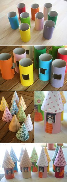 several pictures of different colored paper cones with holes in the top and bottom one has a cat on it