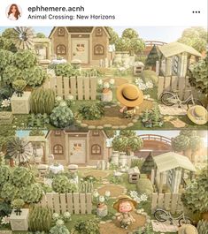 two pictures of a garden with animals and people in the yard, one is wearing a straw hat