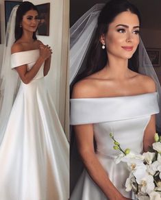 the bride in her wedding dress is posing for pictures with her bouquet and veil draped over her shoulder