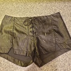 Lace Up Front Fox Leather Shorts Sz M Brand New Black Final Sale Leather Fantasy Shorts, Leather Shorts Brown, Edgy Leather Shorts, Western Shorts, Blue Lululemon Shorts, Edgy Black Leather Shorts, Luxury Leather High-waisted Shorts, Faux Leather Shorts, Under Armour Running