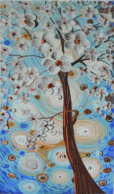 a painting with white flowers on it and blue sky in the background, as well as an abstract tree