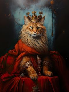 a painting of a cat with a crown on it's head sitting on a red cloth