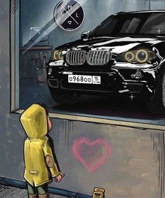 a person in yellow raincoat looking at a black car