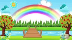 a rainbow is in the sky over a bridge and some trees with apples on it