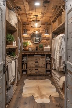 an open closet with wooden walls and drawers