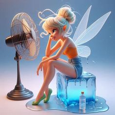 a cartoon fairy sitting on top of an ice block next to a fan and bottle