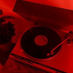 a record player sitting on top of a table next to a potted plant