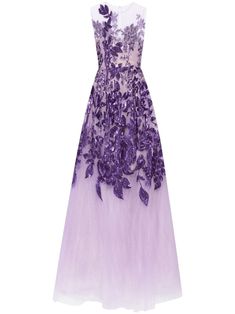 amethyst purple semi-sheer construction layered design floral sequin detailing mesh panelling crew neck rear button fastening sleeveless full skirt floor length Purple Gown Dress, Dresses 60s Style, Dior Evening Dress, Purple Dress Formal, Dresses 60s, Purple Clothes, Gown Purple, Lavender Gown, Descendants 1