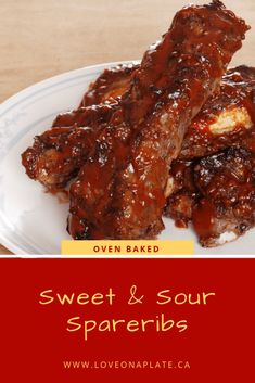 sweet and sour spareribs on a plate with text overlay that reads oven baked sweet and sour spareribs