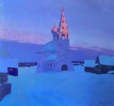 an oil painting of a church in the snow