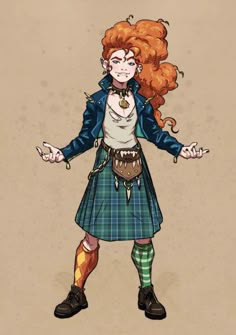 a drawing of a woman in a kilt and boots with her hands out to the side