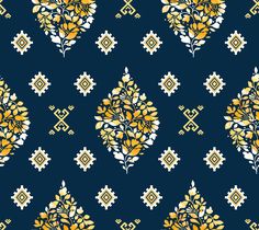 a blue background with yellow and white floral designs on the bottom half of each design