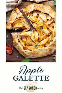 an apple pie is cut into slices on a cutting board with the title above it