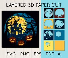 paper cut halloween scene with pumpkins and house in the background, surrounded by other silhouettes