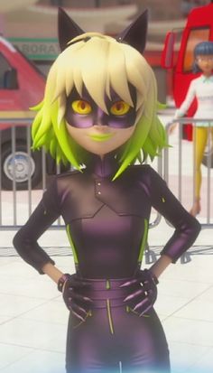 an animated character with green hair and yellow eyes