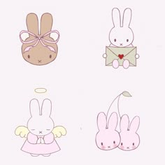 four cute little bunnies with wings and bows on them, one is holding an envelope