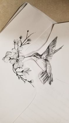 a drawing of a hummingbird and flowers on a piece of paper that is taped to the wall