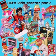 a collage of toys and stickers on a blue background with the words 80s's kids starter pack