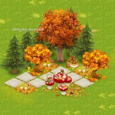 an image of a picnic setting in the fall season with mushrooms, apples and teapots