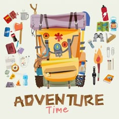 an adventure time poster with backpacks and camping items