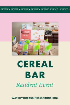 the cereal bar resident event is on display in front of a pink and green background